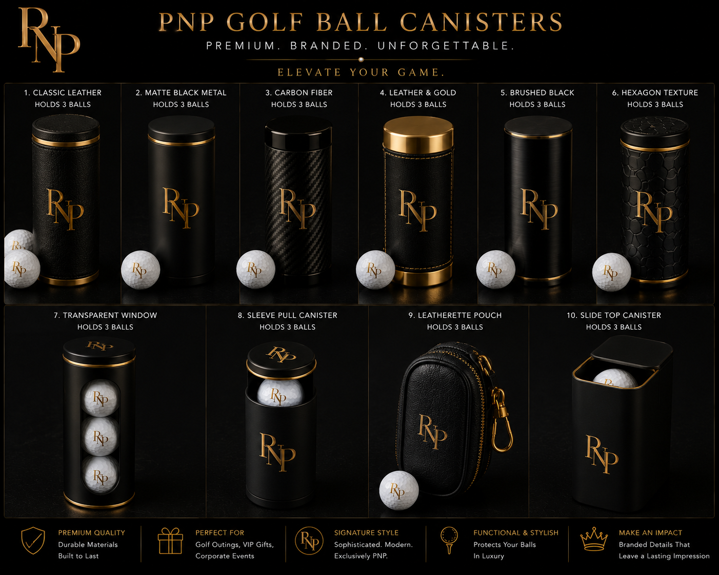 Custom PNP branded golf ball canisters in leather, matte black metal, carbon fiber and gold finishes