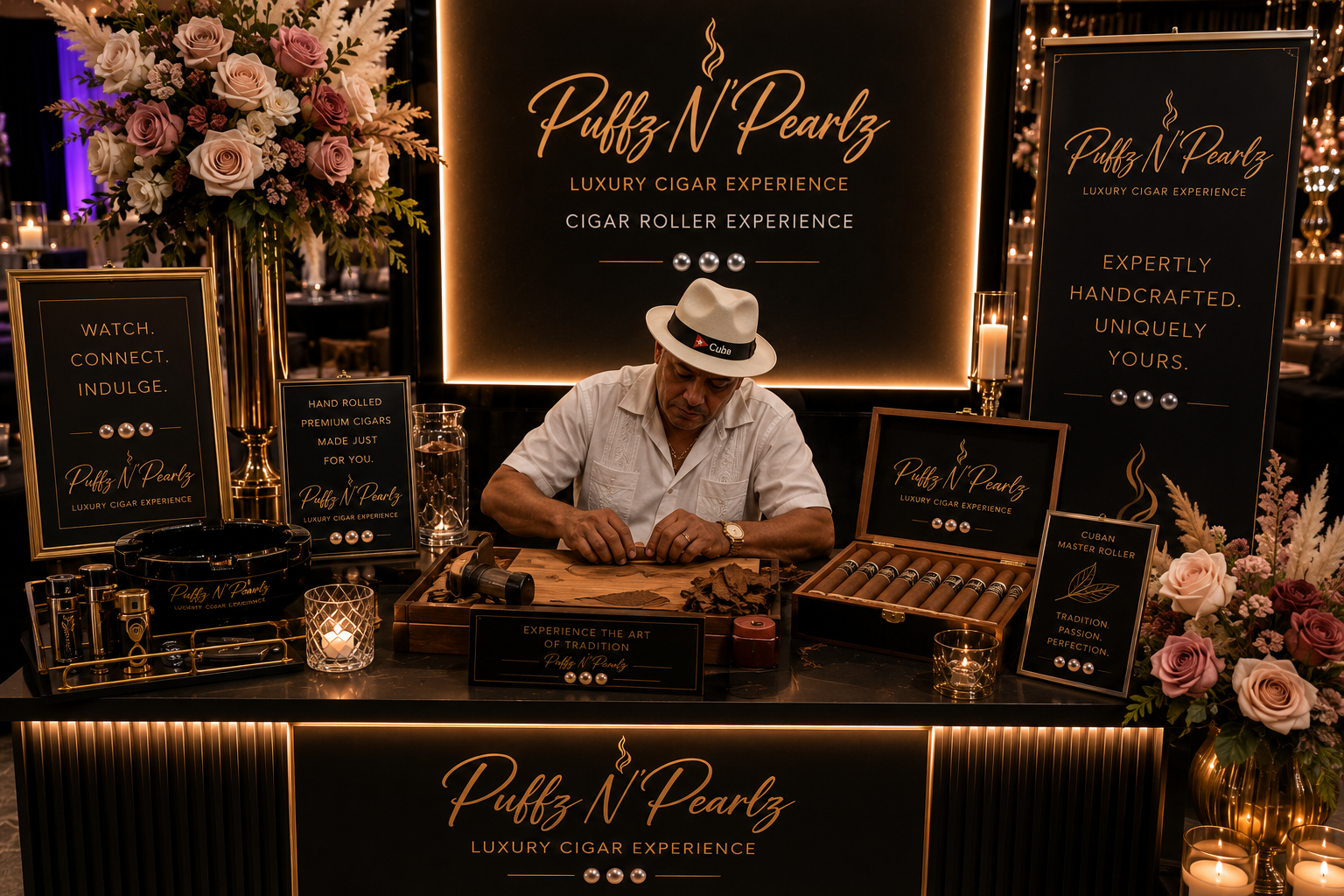 Cuban master cigar roller hand-rolling at a luxury event