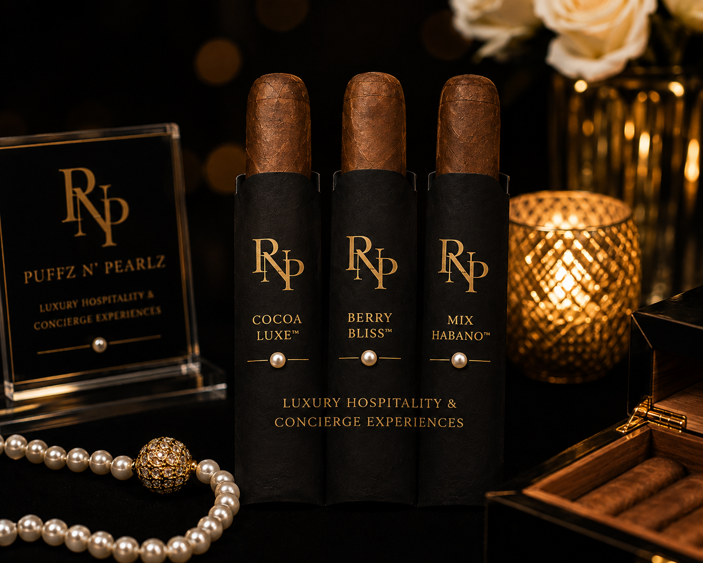 Puffz N' Pearlz signature cigar collection in gold branded sleeves
