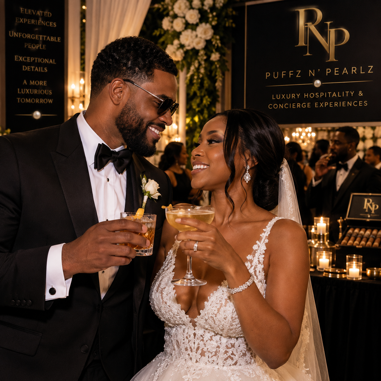 Bride and groom toasting cocktails beside a Puffz N' Pearlz wedding hospitality bar