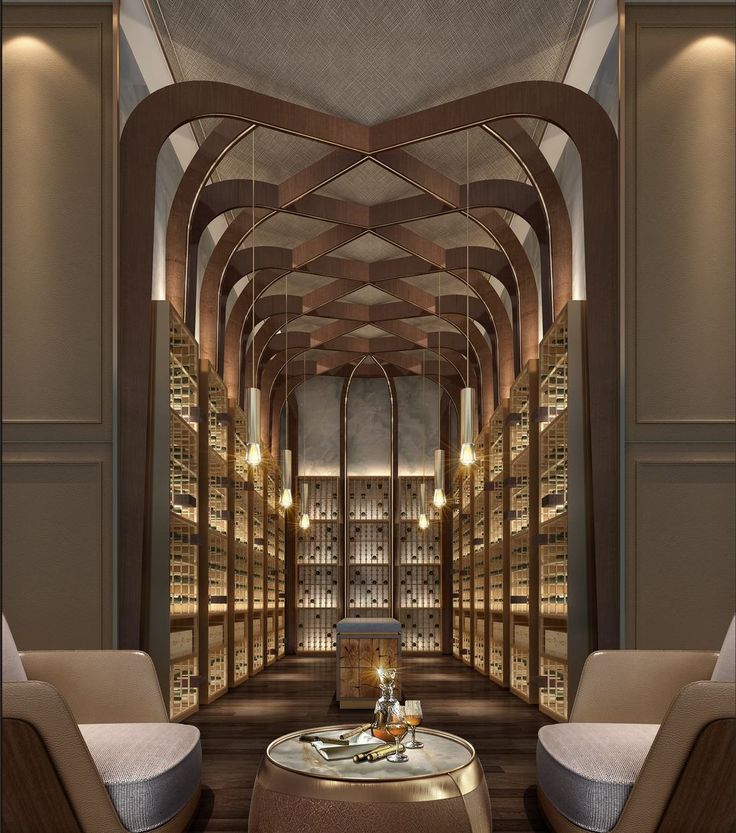 Arched humidor vault lounge with paired armchairs