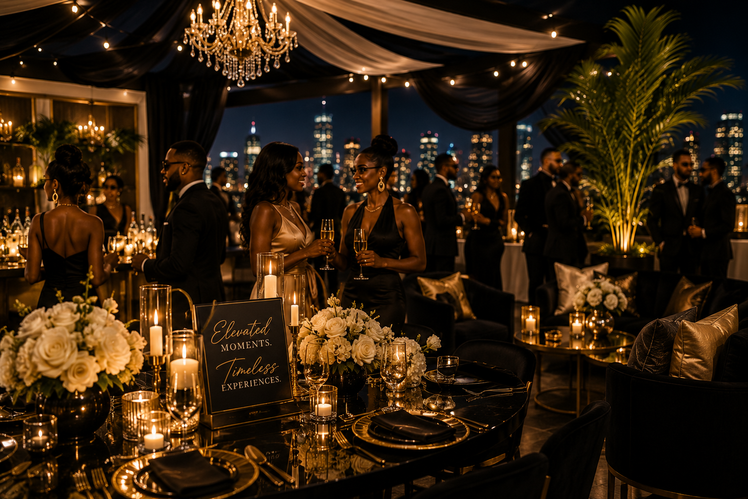 Rooftop reception with Elevated Moments. Timeless Experiences. signage