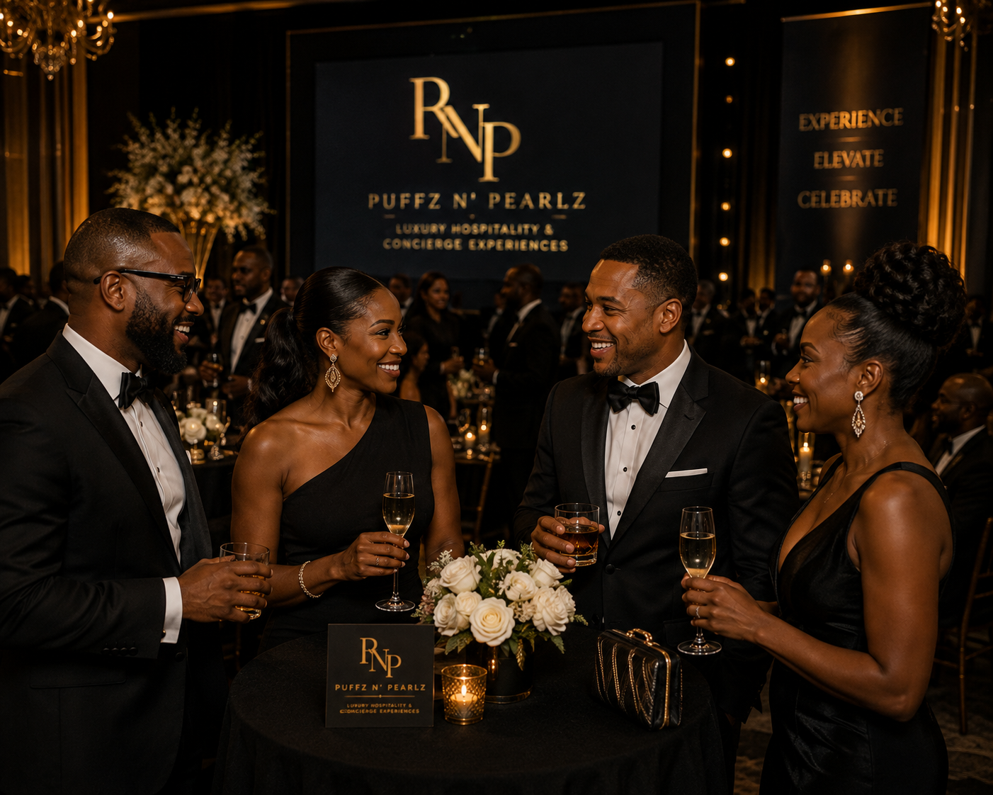 Executives in black tie talking over champagne at a Puffz N' Pearlz corporate gala