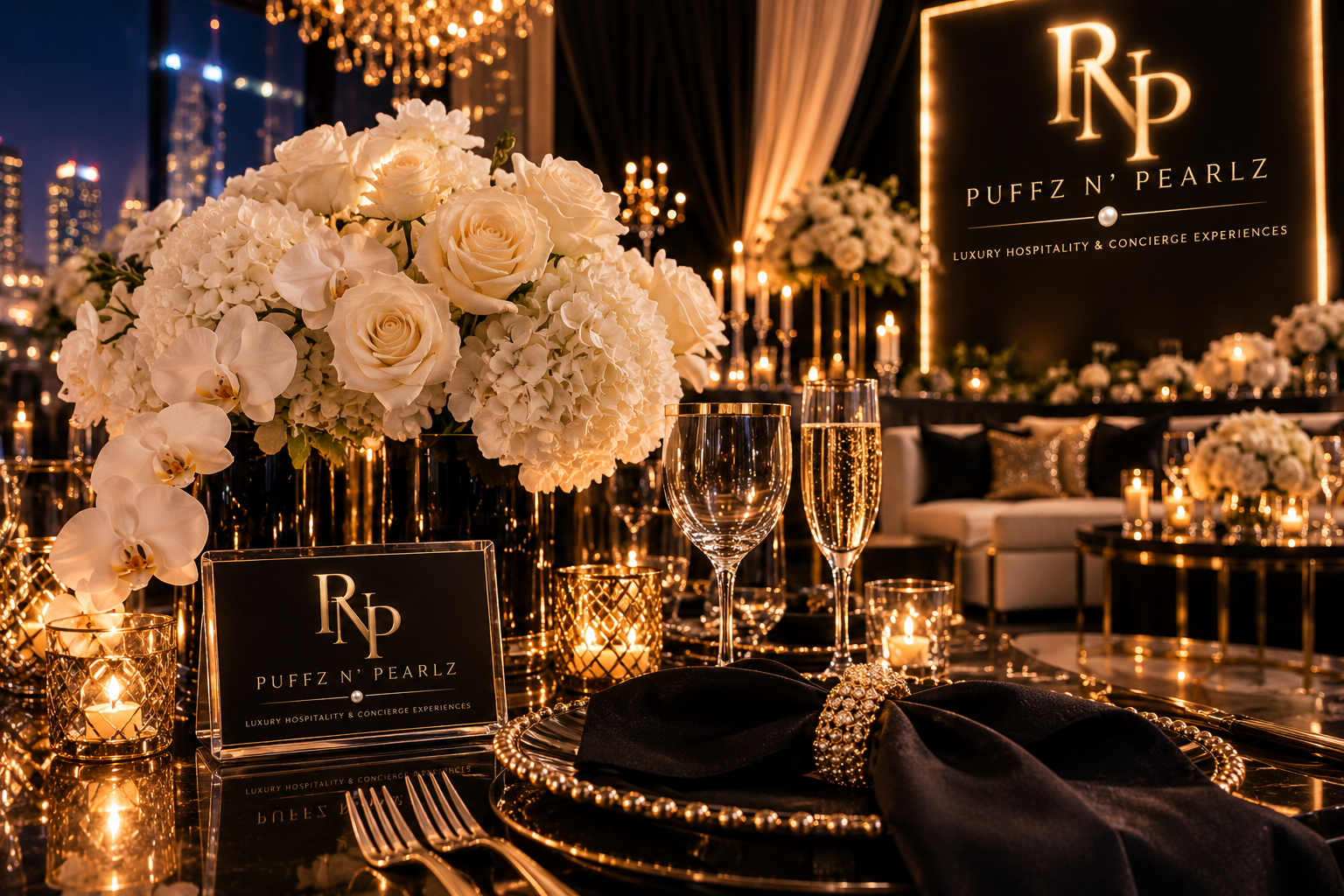 Elegant candlelit luxury wedding reception with diverse guests