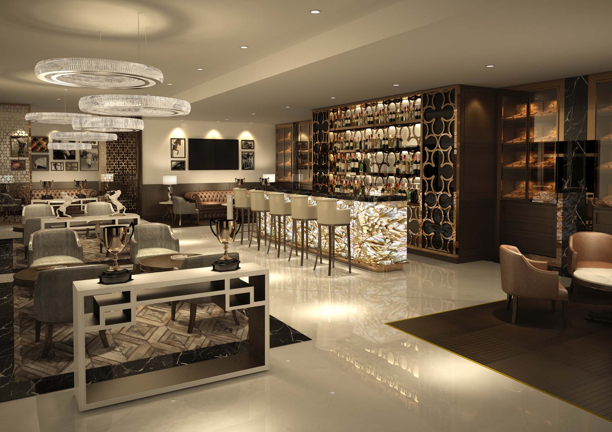 Luxury hotel bar with chandeliers and illuminated displays