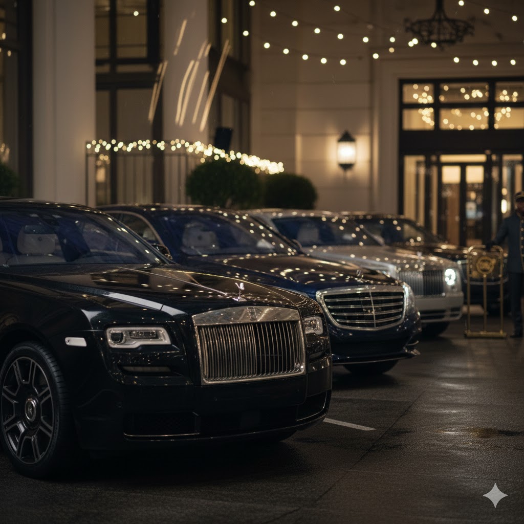 Luxury motorcade lined up outside an evening venue