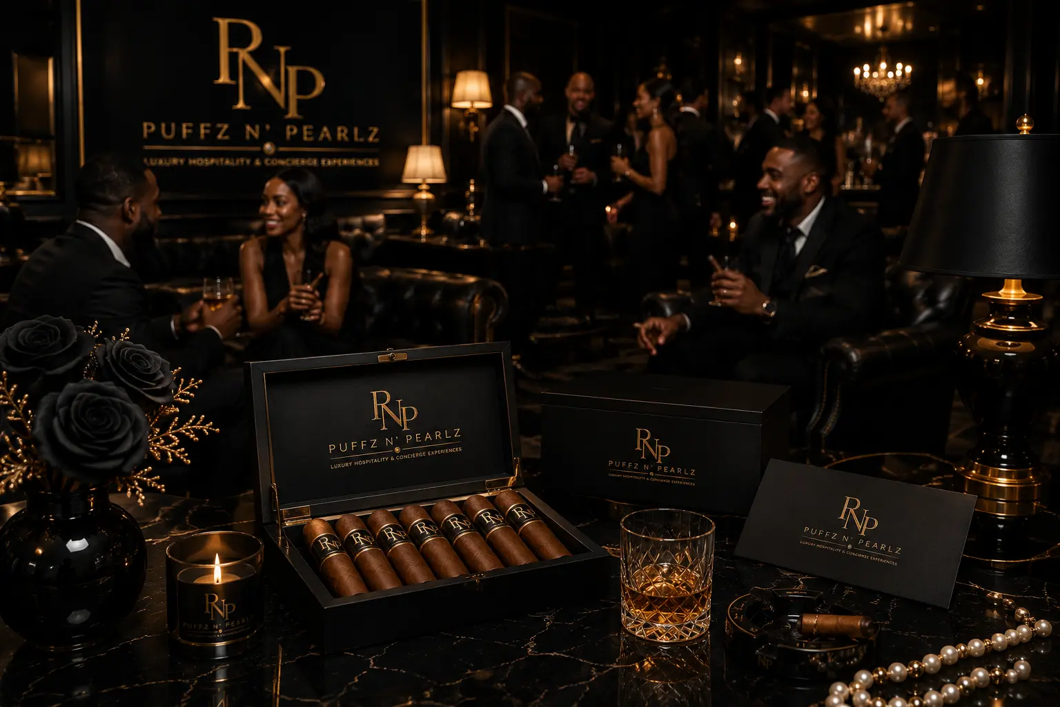 Candlelit Puffz N' Pearlz private salon evening with branded gift boxes on the table