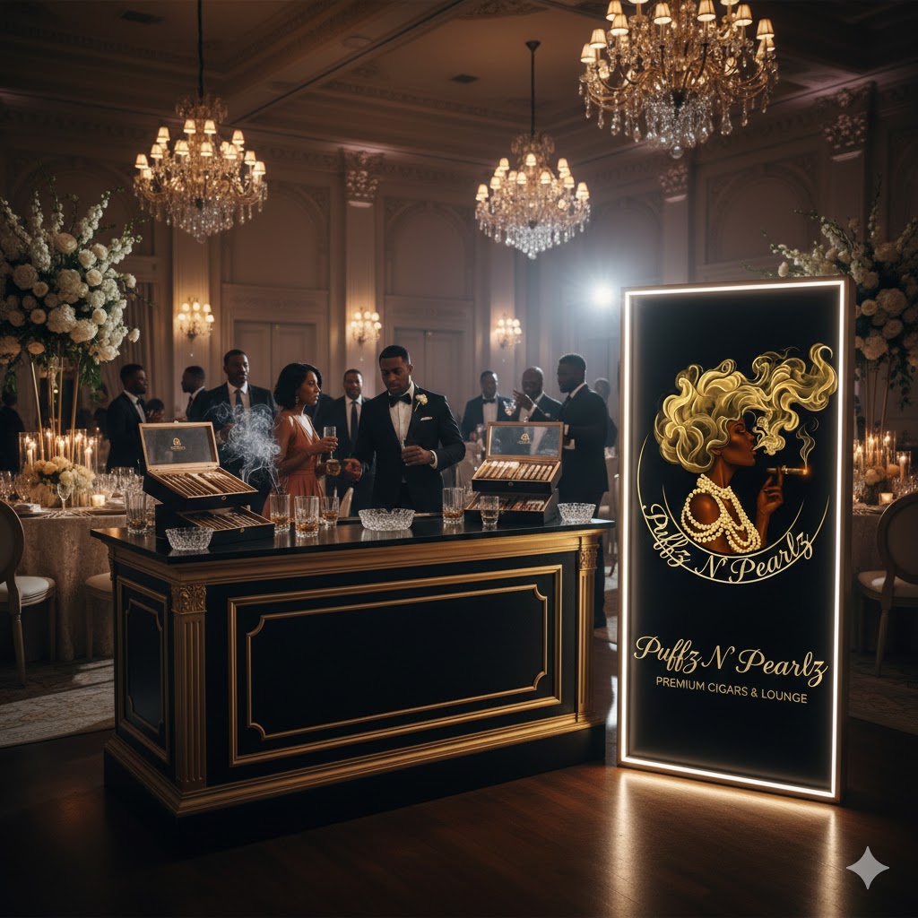 Puffz N' Pearlz branded cigar bar in a chandelier ballroom