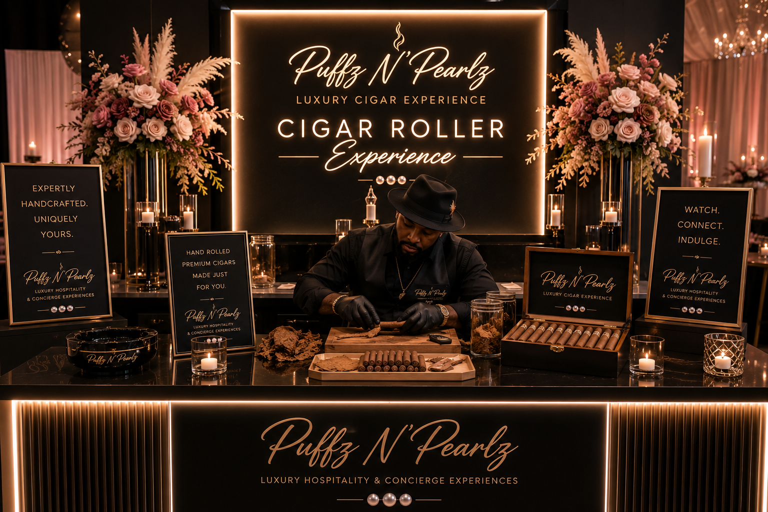 Master cigar roller at a Puffz N' Pearlz cigar roller station