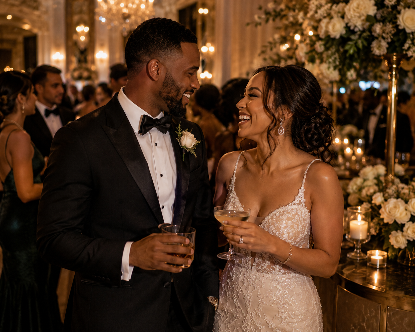 Newlyweds laughing together at a candlelit ballroom wedding reception