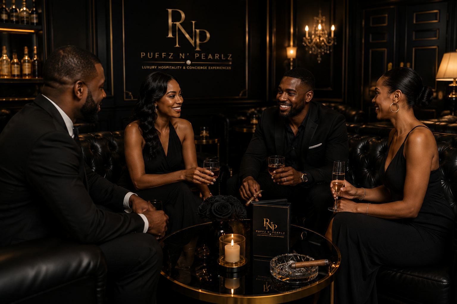 Sophisticated guests socializing in the Puffz N' Pearlz Black Label Lounge