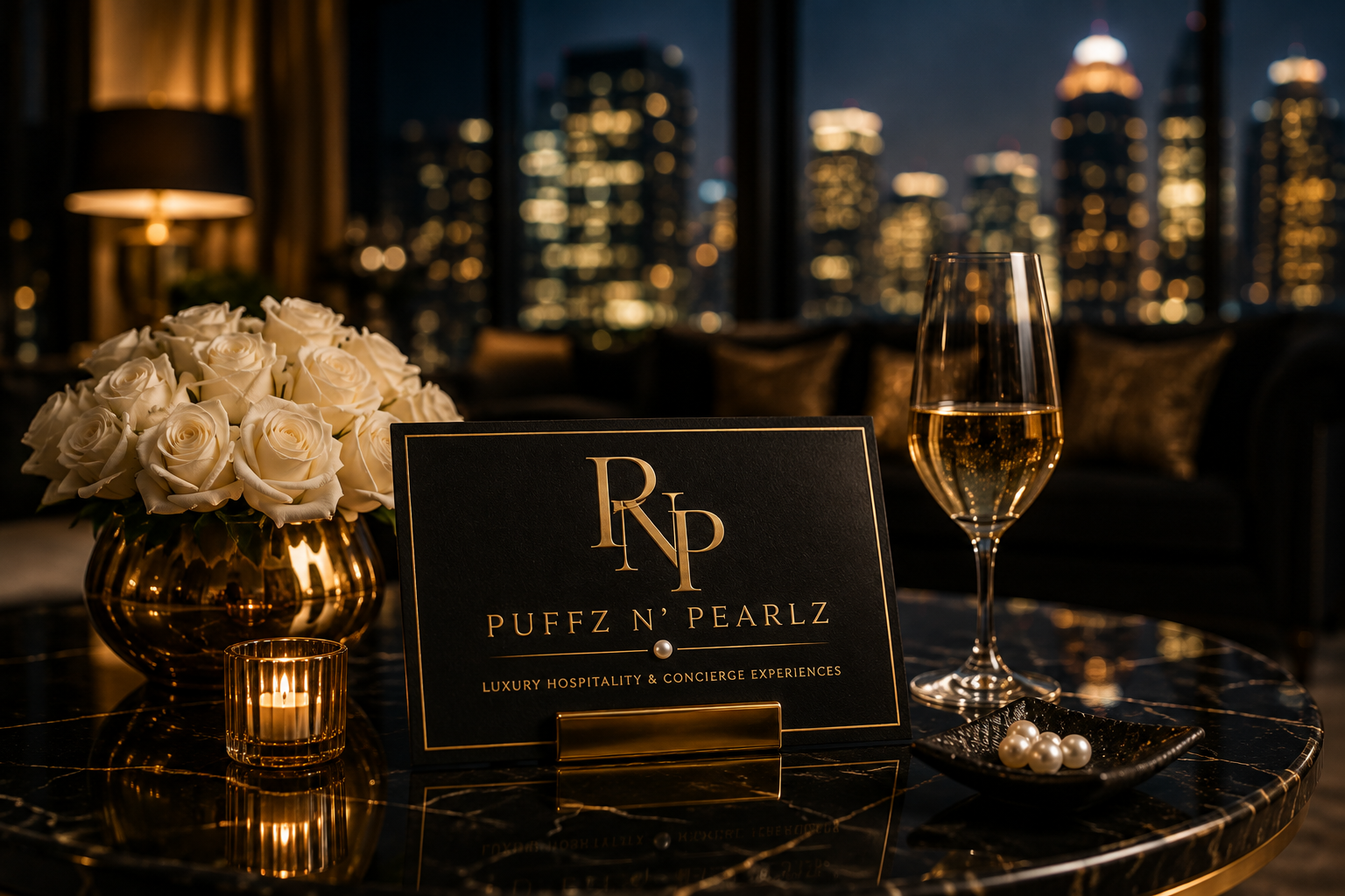 Puffz N' Pearlz table card with white roses and champagne in a city-view suite
