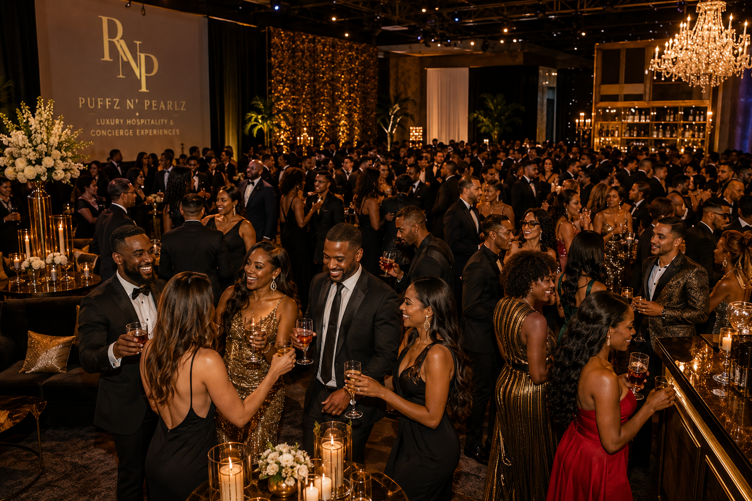 Large multicultural gala reception with guests mingling under chandeliers