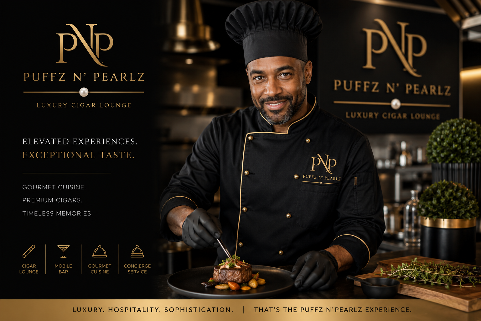 Puffz N' Pearlz private chef plating a gourmet course in the branded kitchen