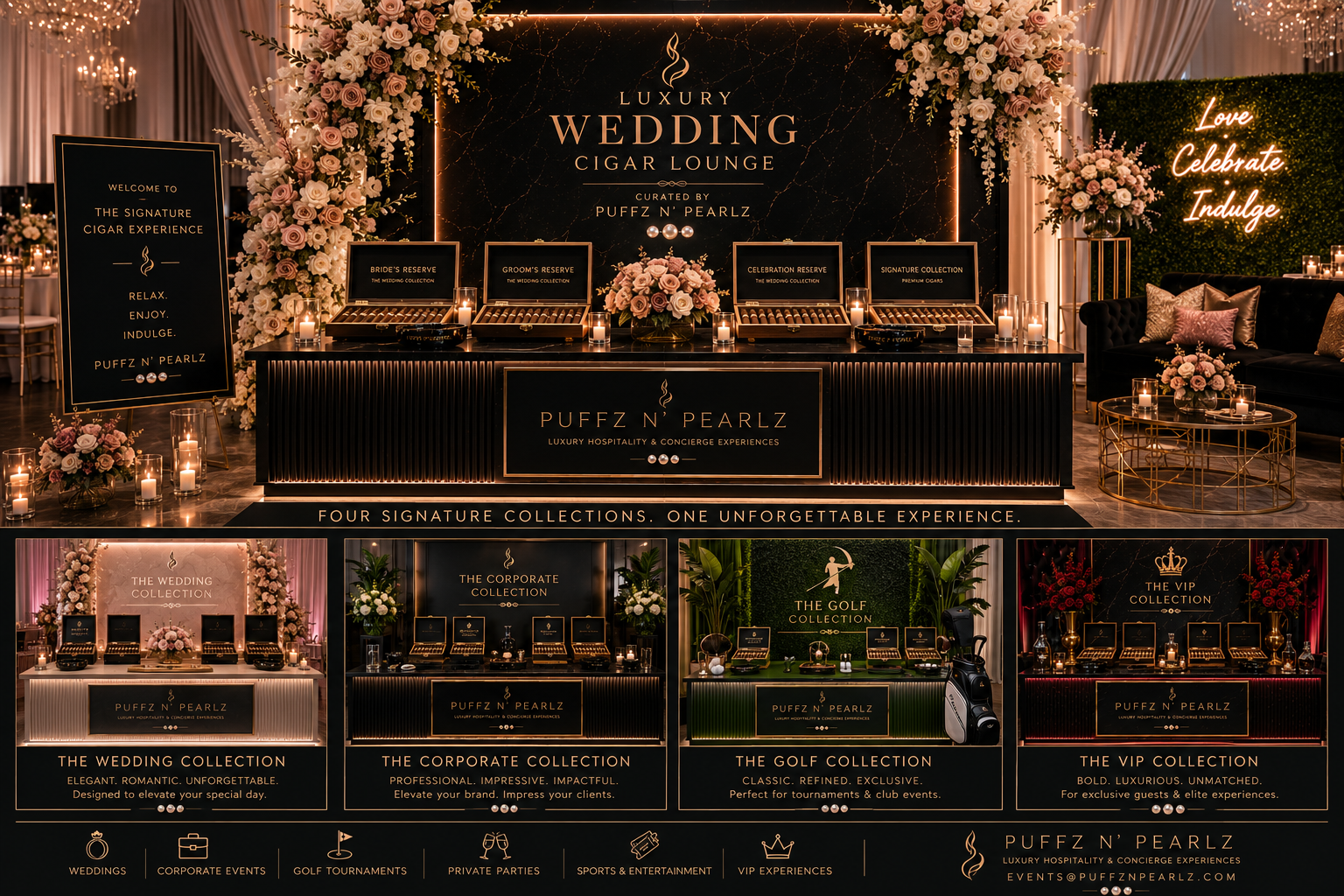 Puffz N' Pearlz custom cigar bar collections for weddings, corporate, golf and VIP events