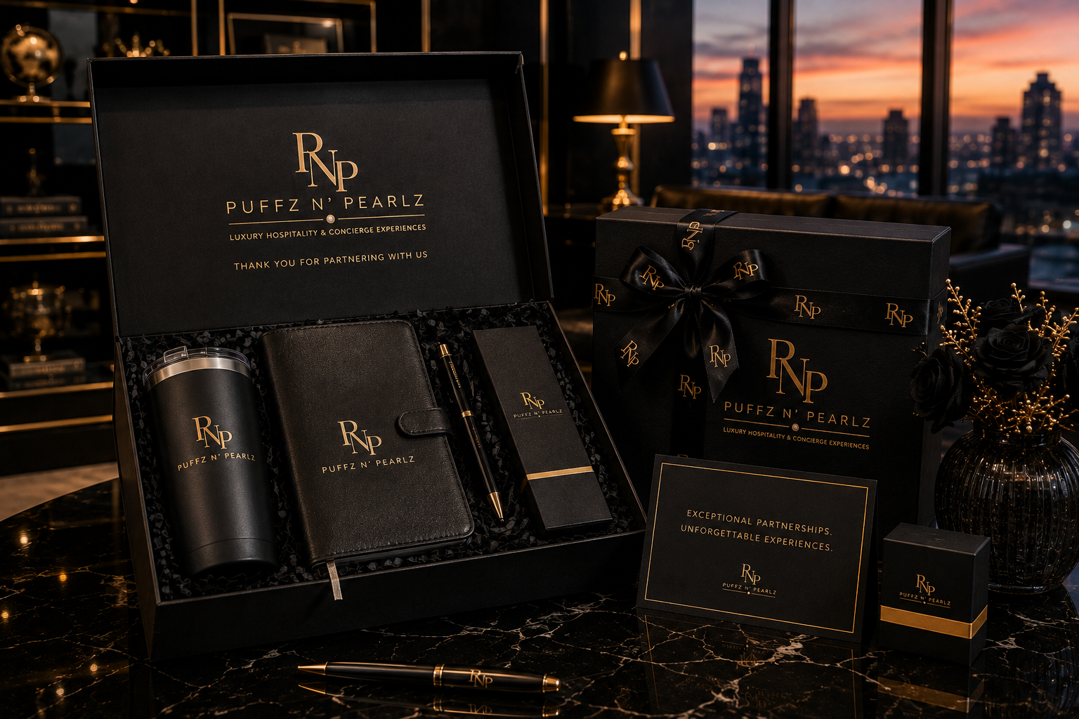Puffz N' Pearlz executive gift collection on marble with branded accessories