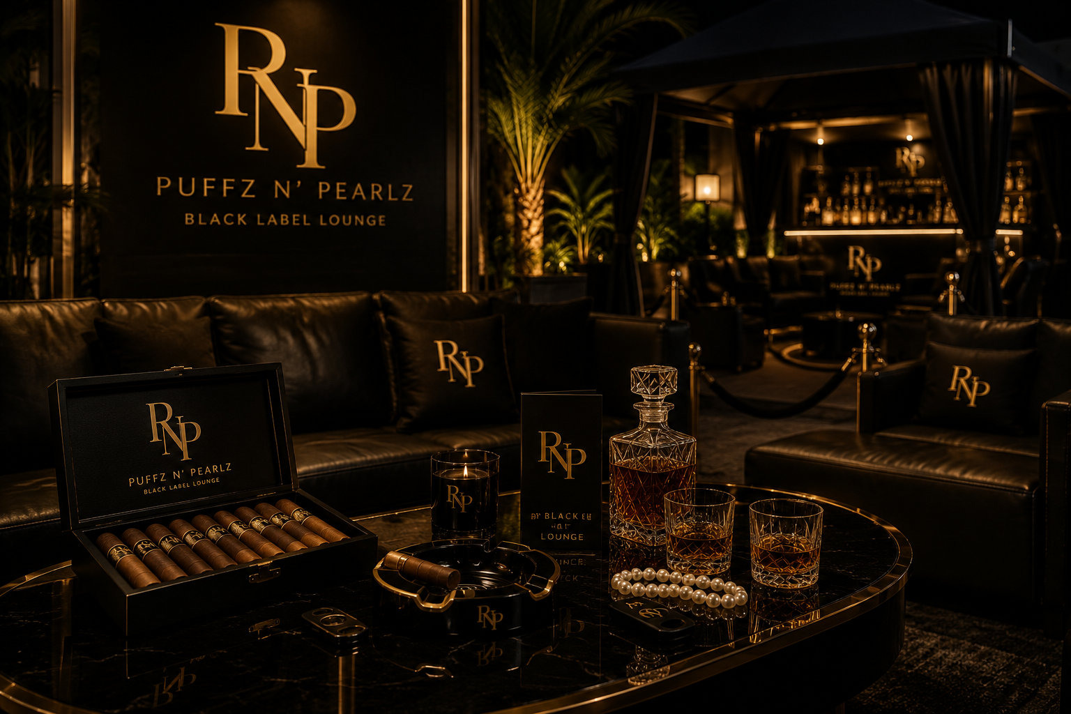The Puffz N' Pearlz Black Label Lounge set with leather seating and gold monogram signage