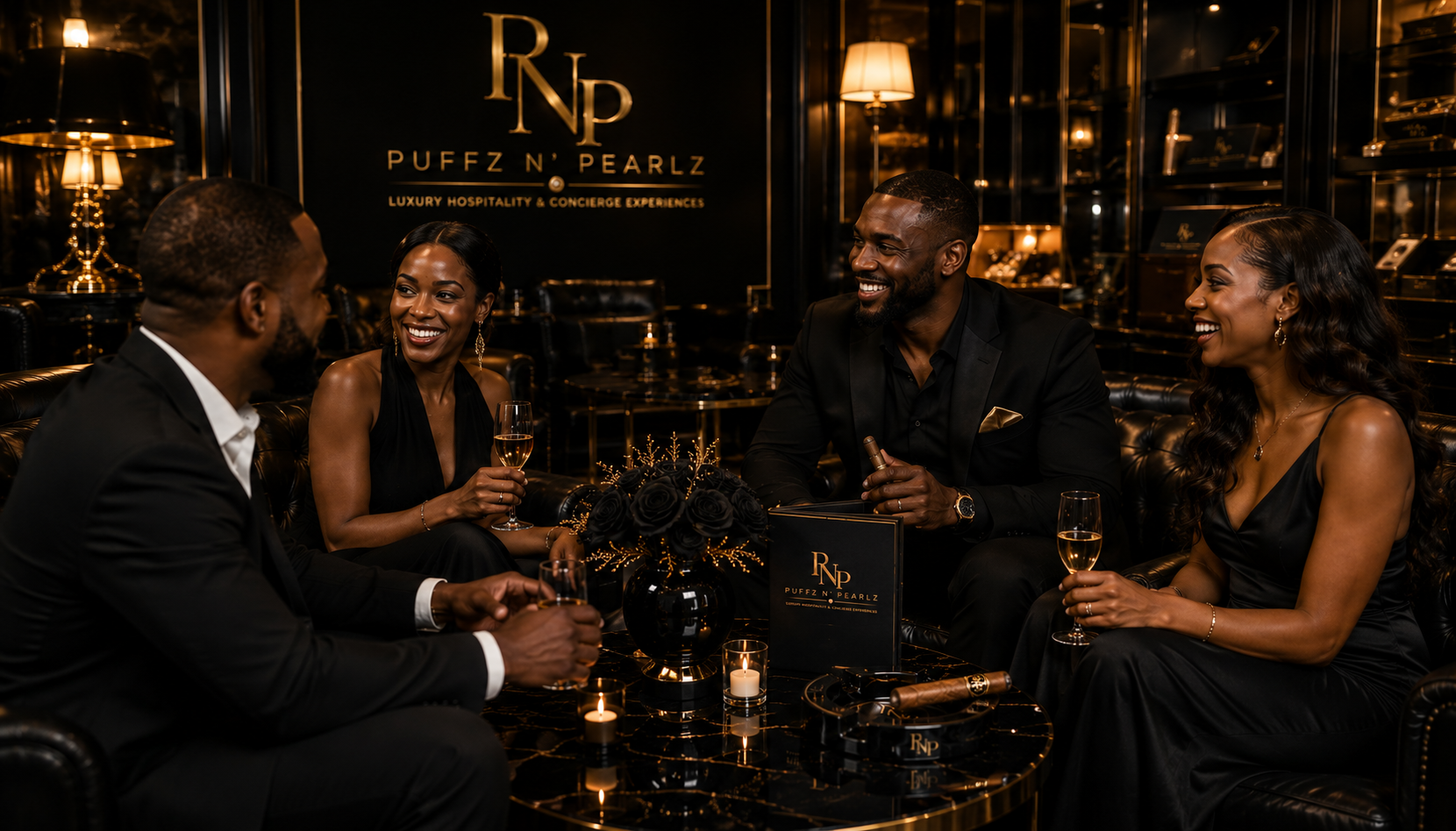 Professionals laughing over cocktails at a Puffz N' Pearlz executive reception