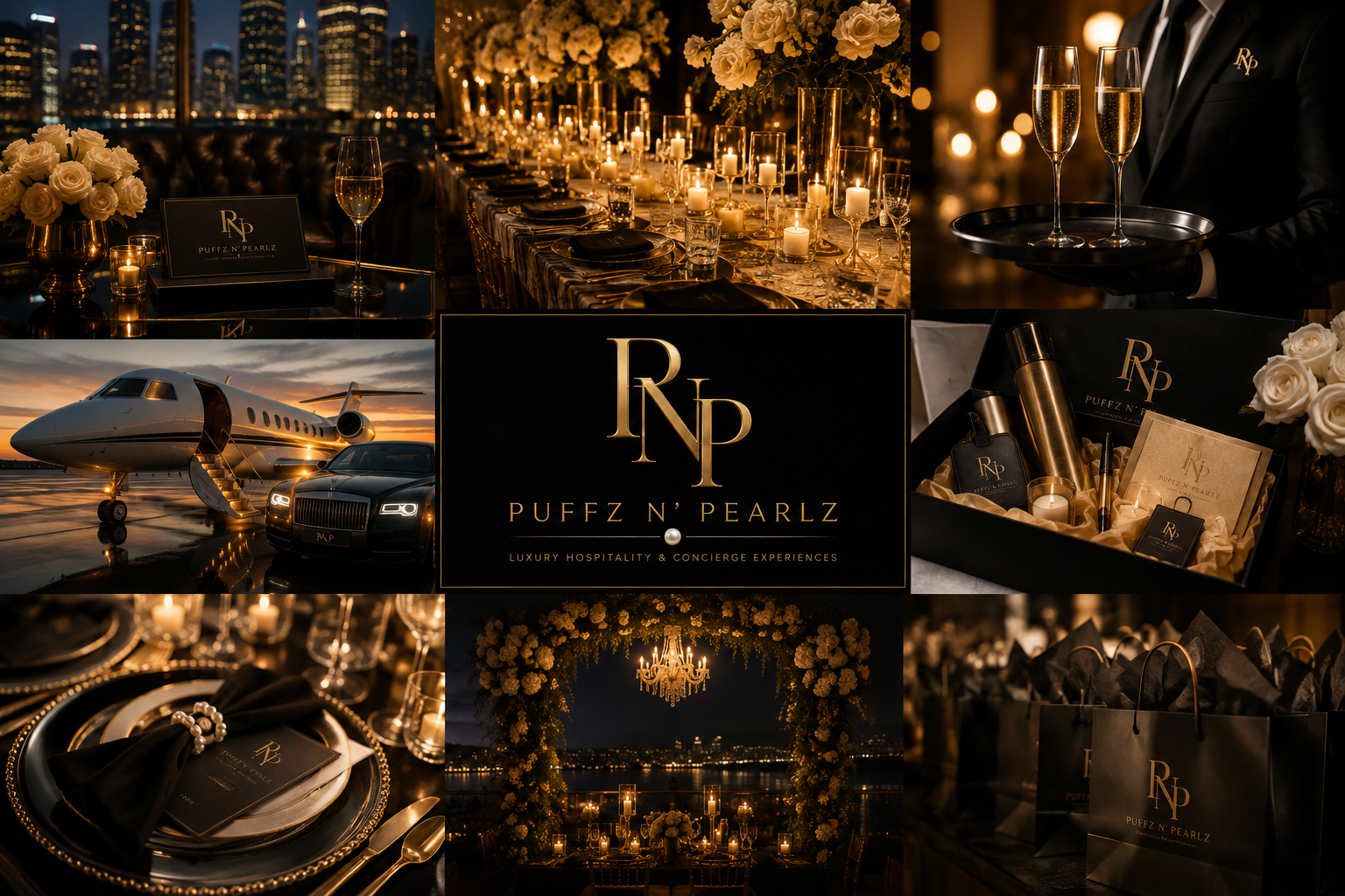 Puffz N' Pearlz signature details — skyline dining, private aviation arrivals and gifting