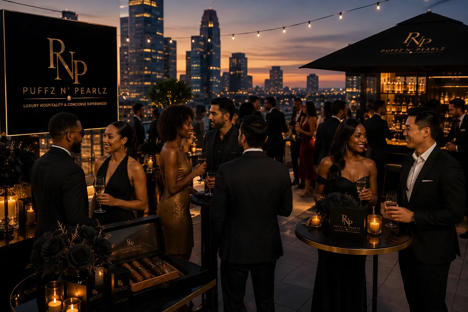 Multicultural guests in formal attire at a Puffz N' Pearlz Black Label rooftop soiree