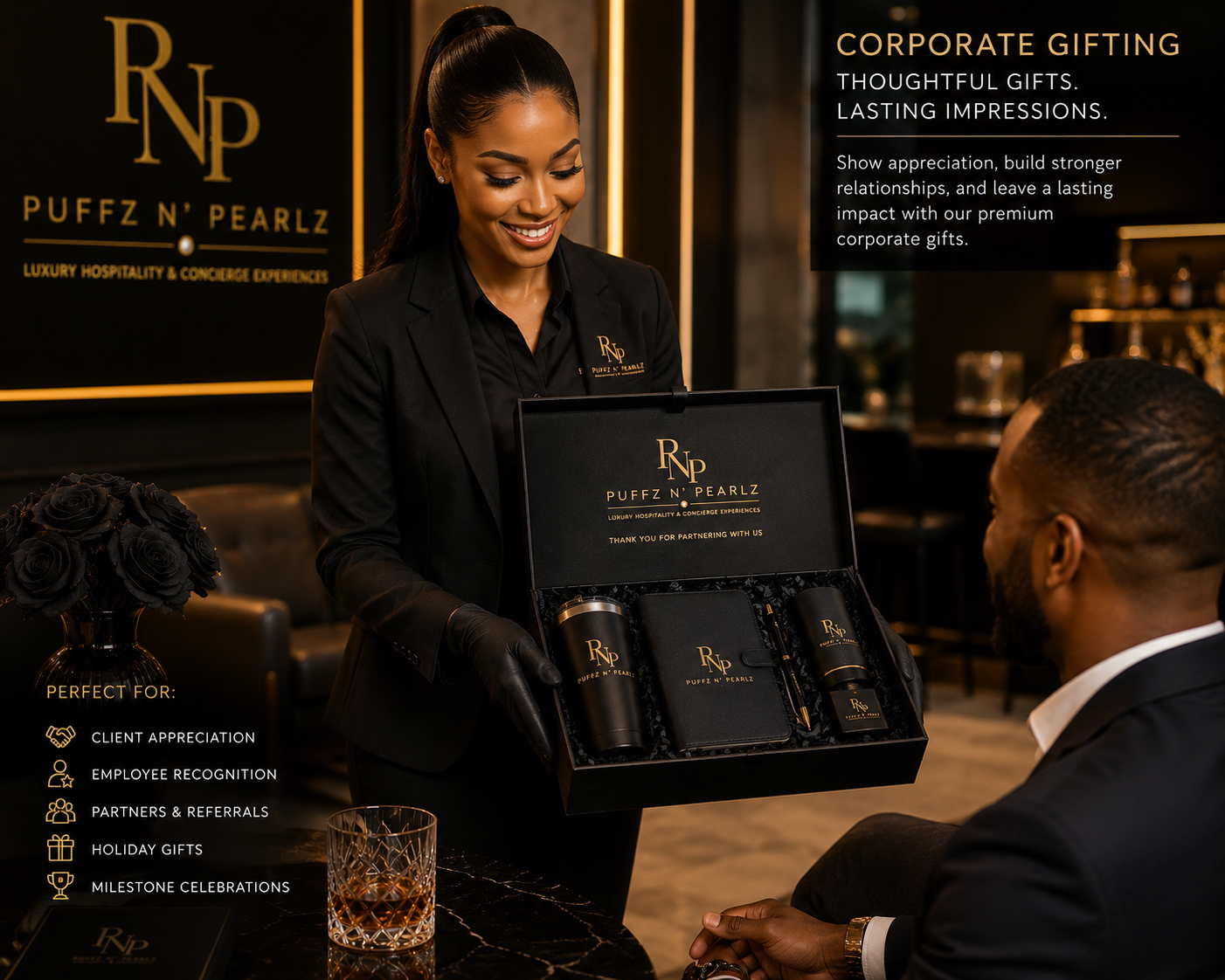 Puffz N' Pearlz concierge presenting a branded luxury gift box to a client