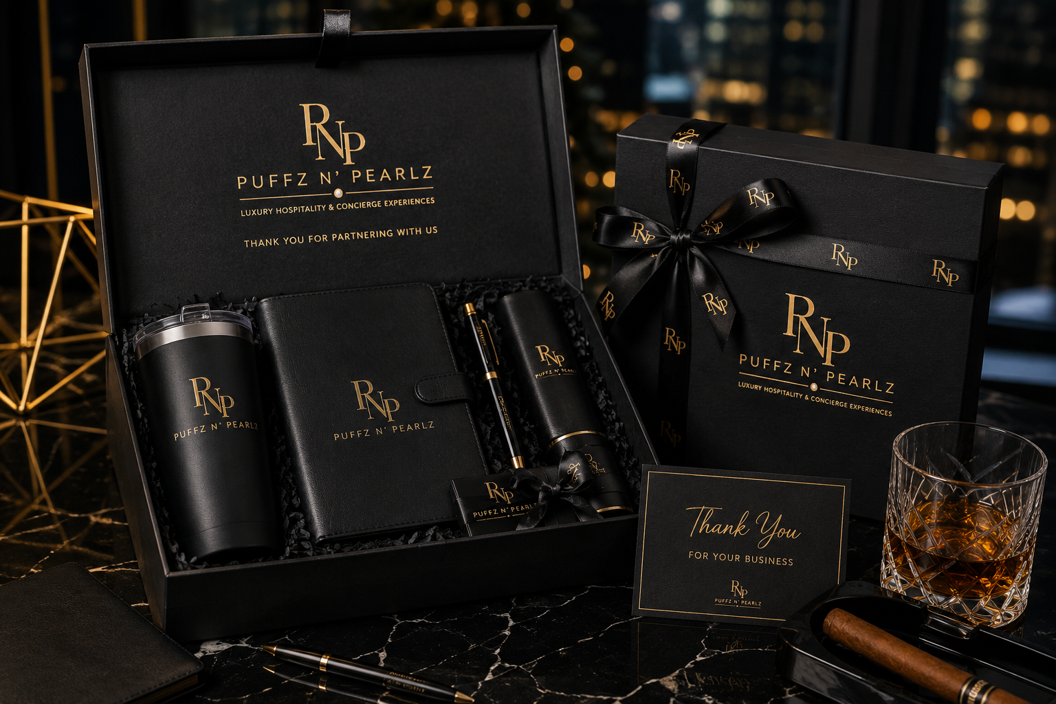 Puffz N' Pearlz corporate gift box with branded tumbler and journal against a city skyline