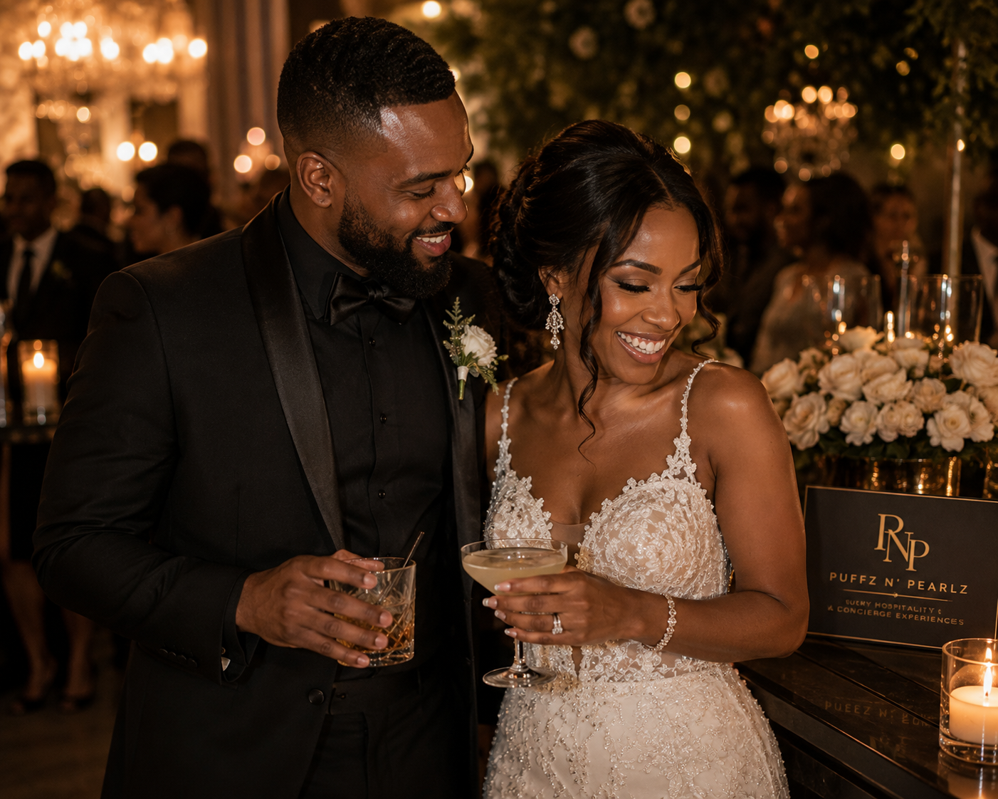 Couple celebrating with cocktails beside white roses at their wedding reception