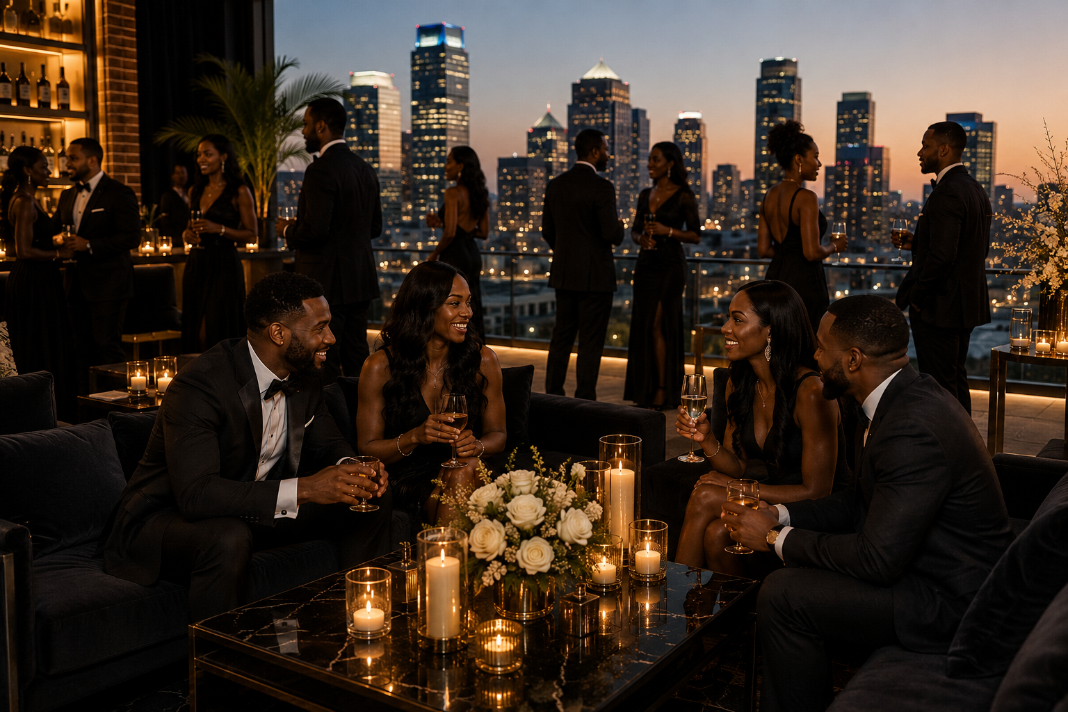 Multicultural guests in black tie at a rooftop skyline reception with candlelit lounge seating