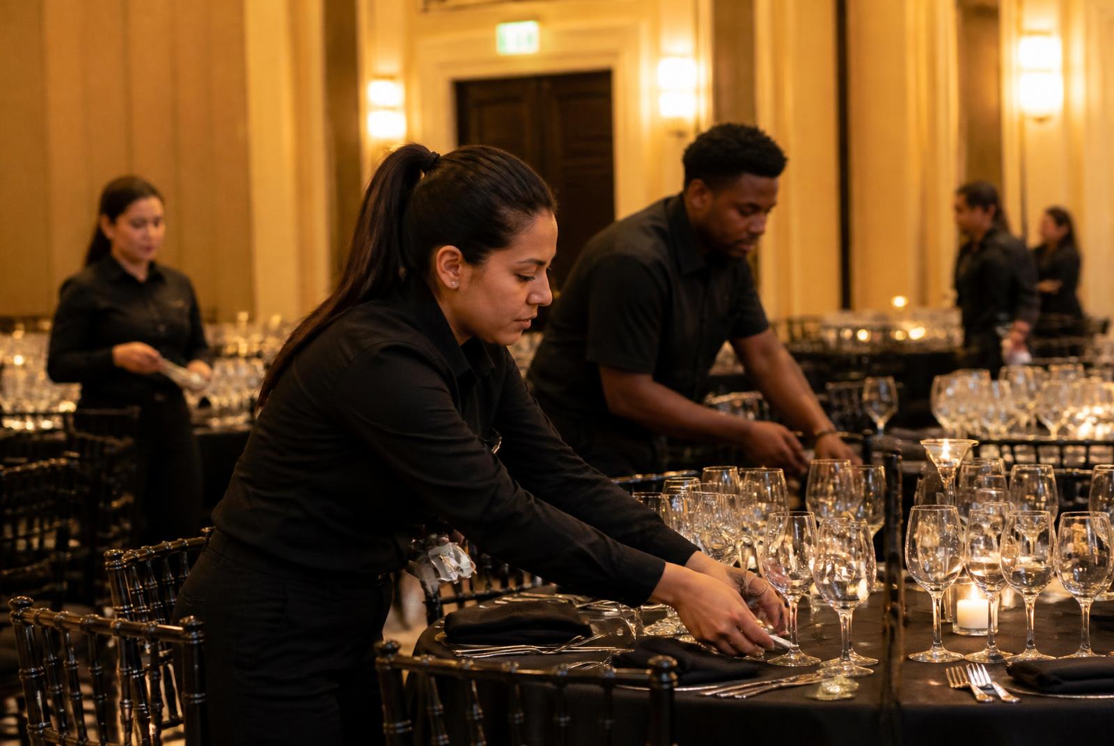 Diverse team of luxury hospitality professionals preparing a gala ballroom