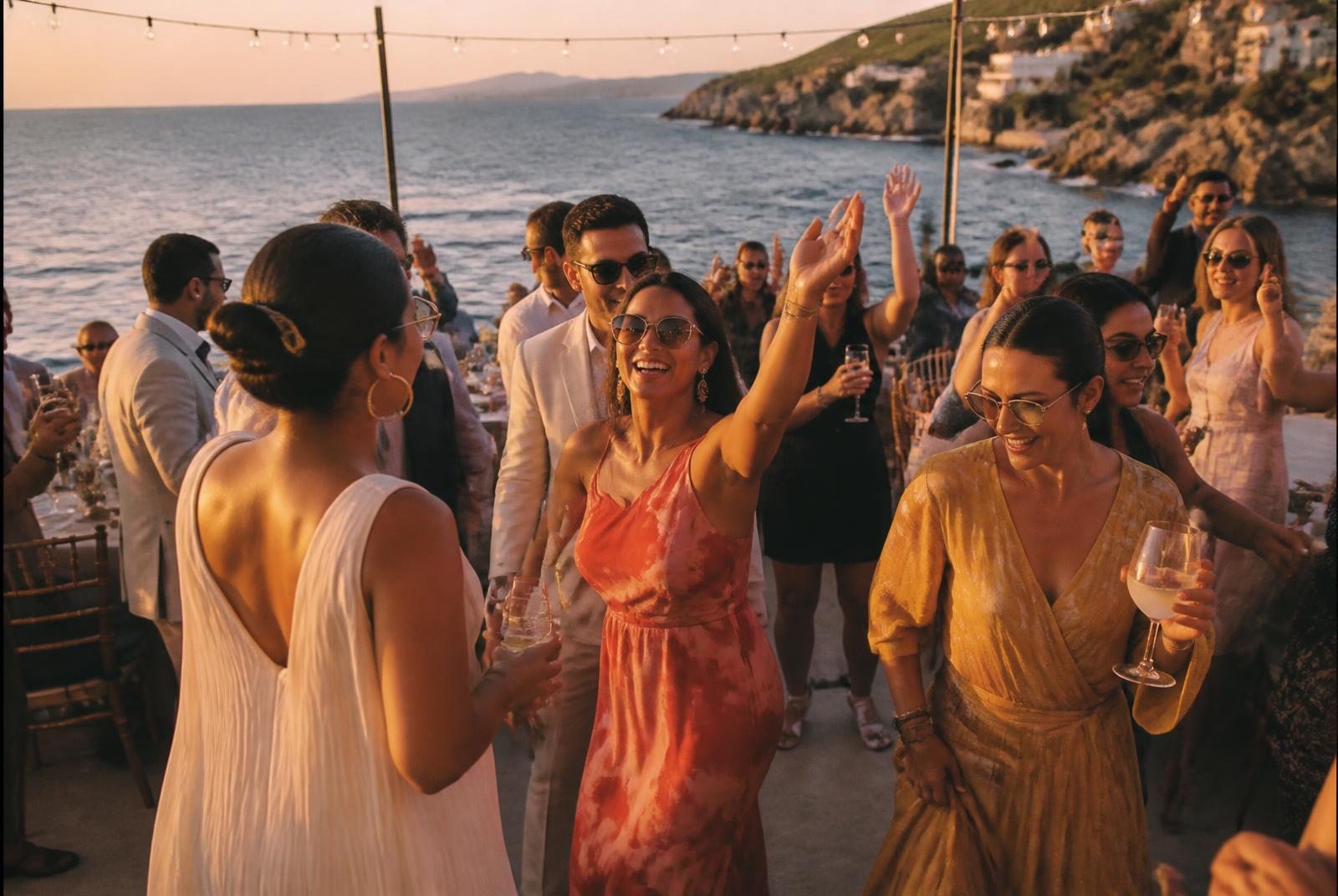 Destination wedding celebration at dusk